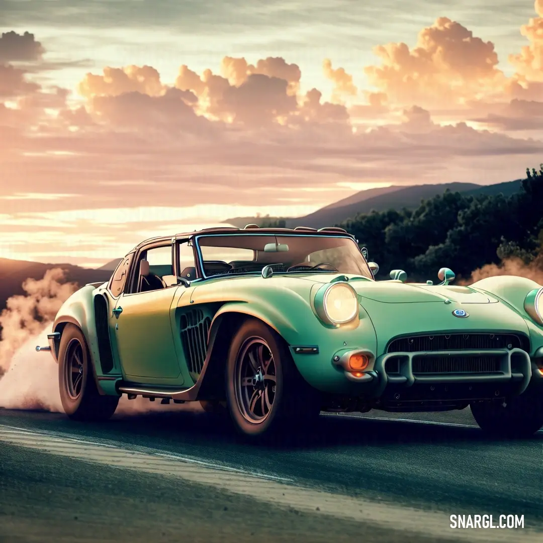 A vibrant green car speeds down a road, with wisps of smoke trailing from its hood. The scene is filled with motion, capturing the energy of the moment against a backdrop of soft sunlight.