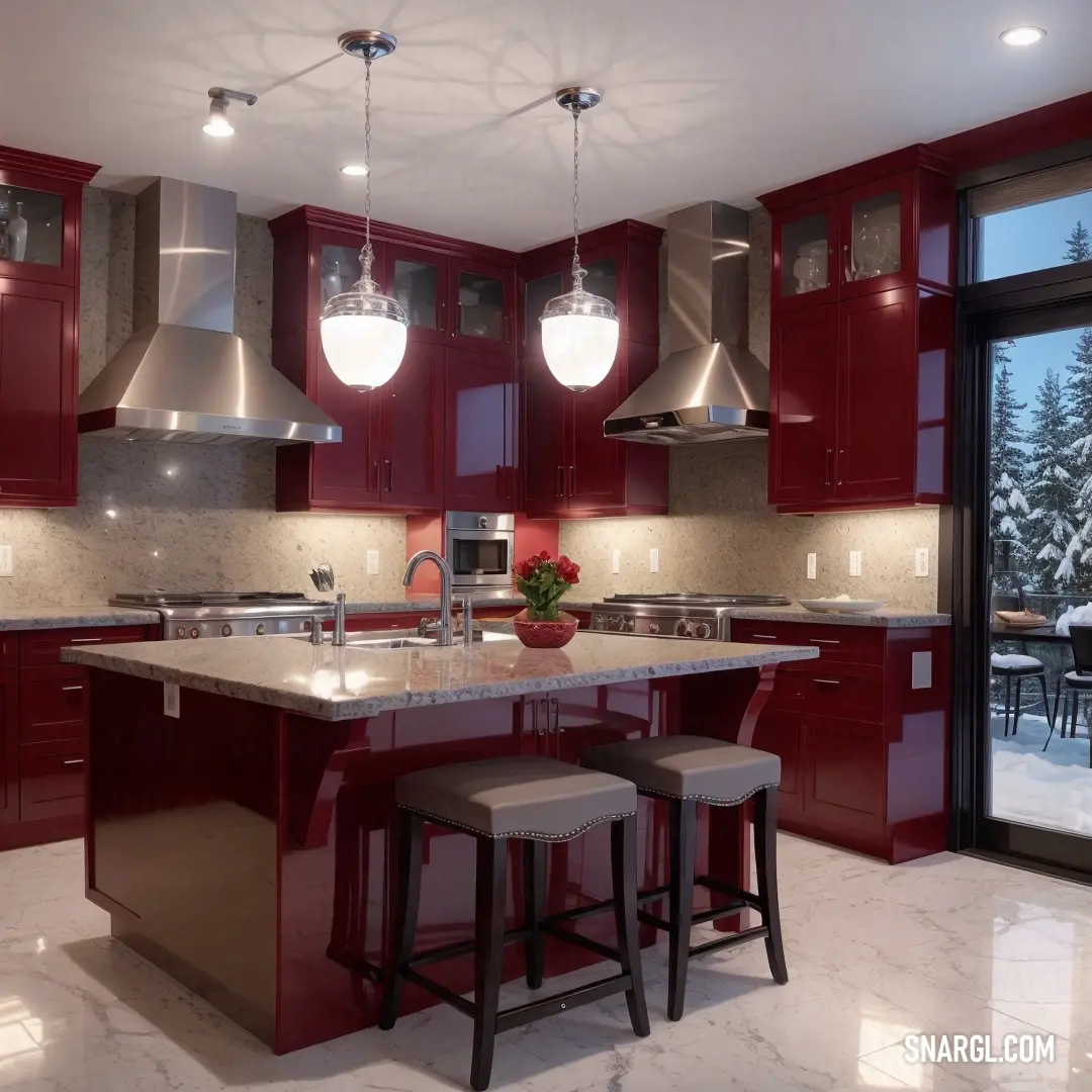 Kitchen with a center island and a breakfast bar with stools in it and a large window overlooking the snow covered yard