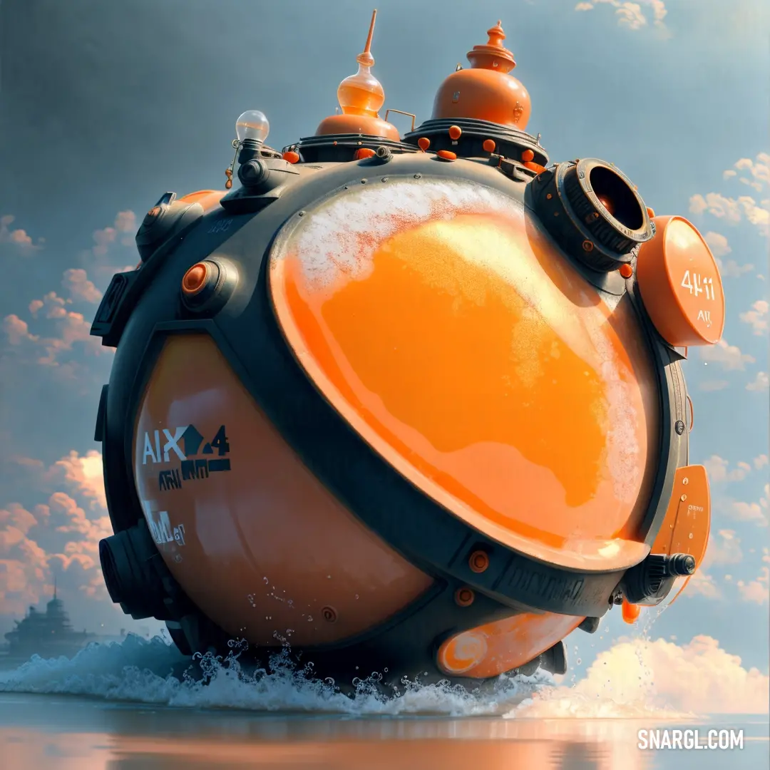 Large orange and black object floating in the water with clouds in the background and a sky with clouds