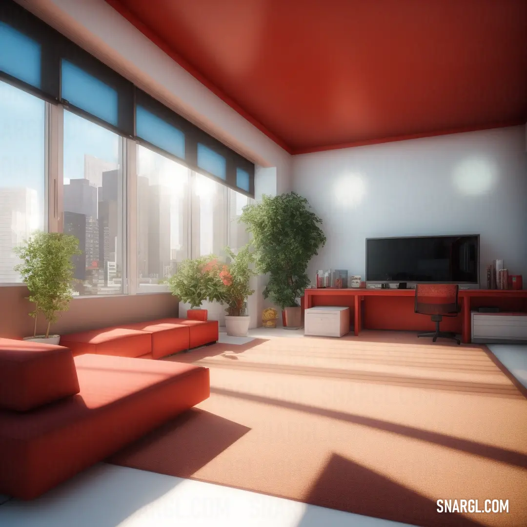 Living room with a red couch and a tv on a stand in front of a window with a city view. Example of #FFCC99 color.