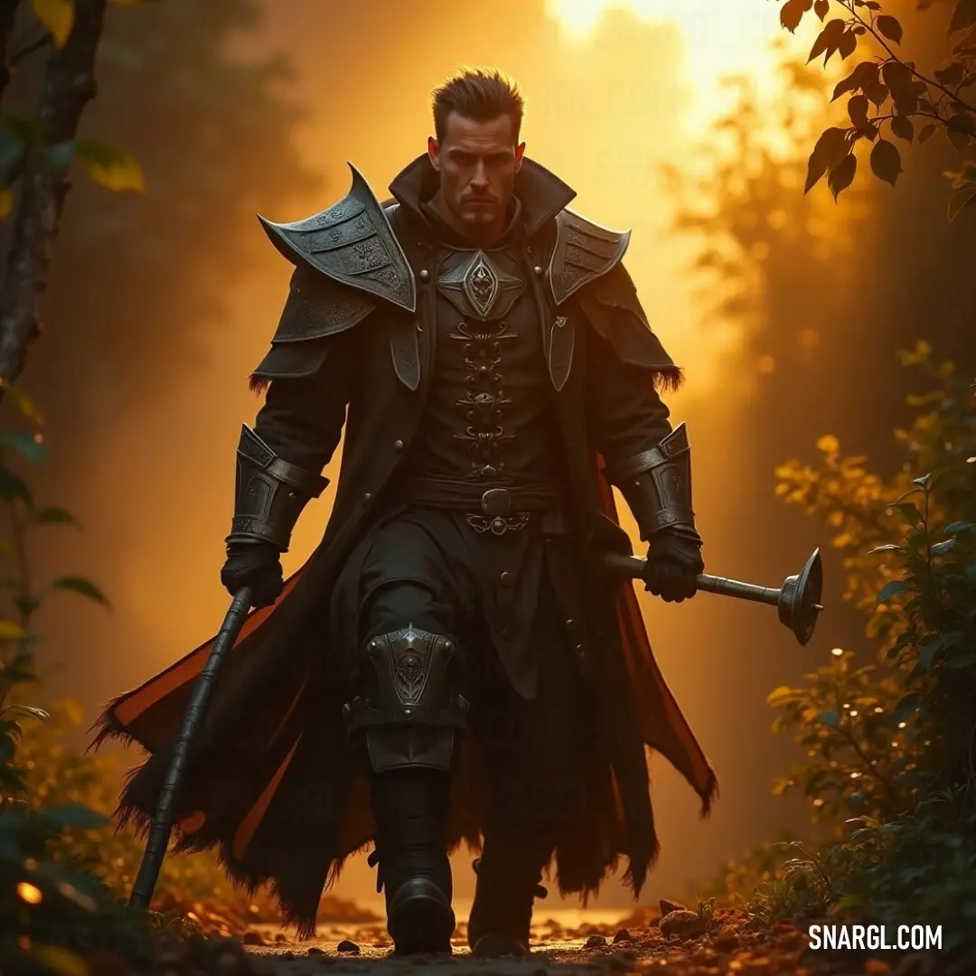 A lone warrior clad in an elegant black ensemble strides through a mystical forest bathed in the warm hues of a sunset, his sword gleaming in the fading light as trees stretch towards the horizon, casting long shadows across the earthy path.