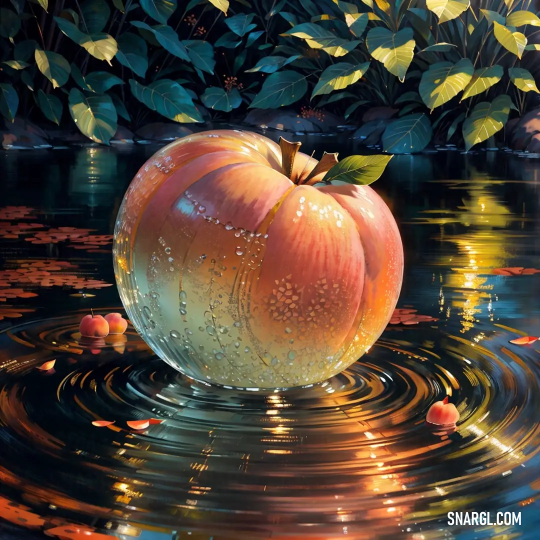 Painting of a large apple floating on top of a body of water with leaves around it