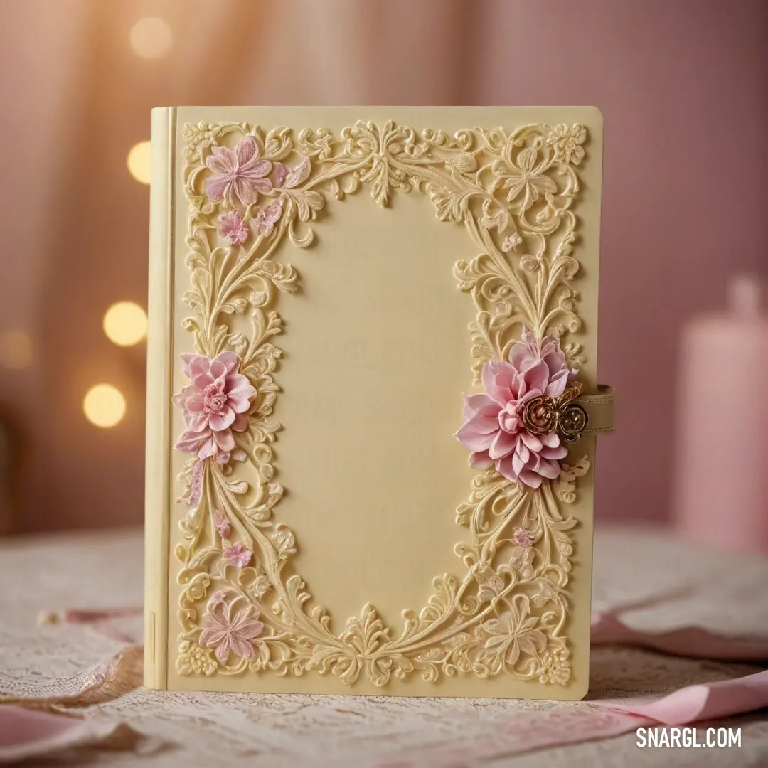 A soft pink flower on a card rests on a wooden table next to a lit candle, bathed in warm light, with subtle peachy tones accentuating the serene ambiance.