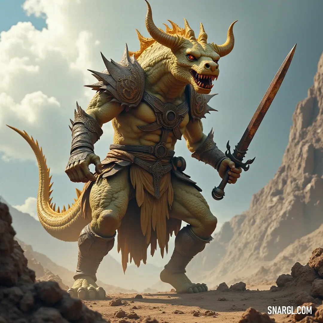 A valiant creature adorned in armor brandishes a sword while standing on a rugged desert landscape. Towering rocks and mountains serve as a dramatic backdrop, embodying the spirit of adventure and exploration in a harsh terrain.