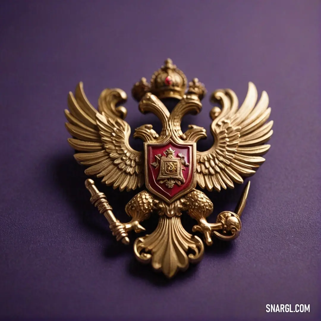 A striking crest in gold and red, featuring two crossed swords and a regal crown, is set against a deep purple background, all highlighted by warm peach-orange tones.