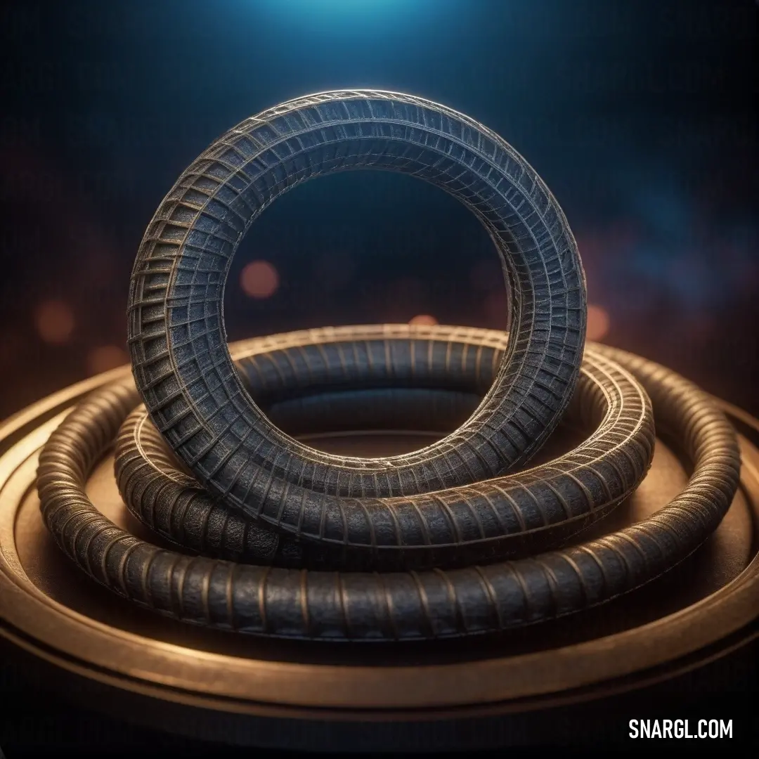 A group of tires rests atop a table, bathed in the soft glow of a light bulb in a dark room, with a dramatic spotlight highlighting the intricate details of each tire's texture and form.