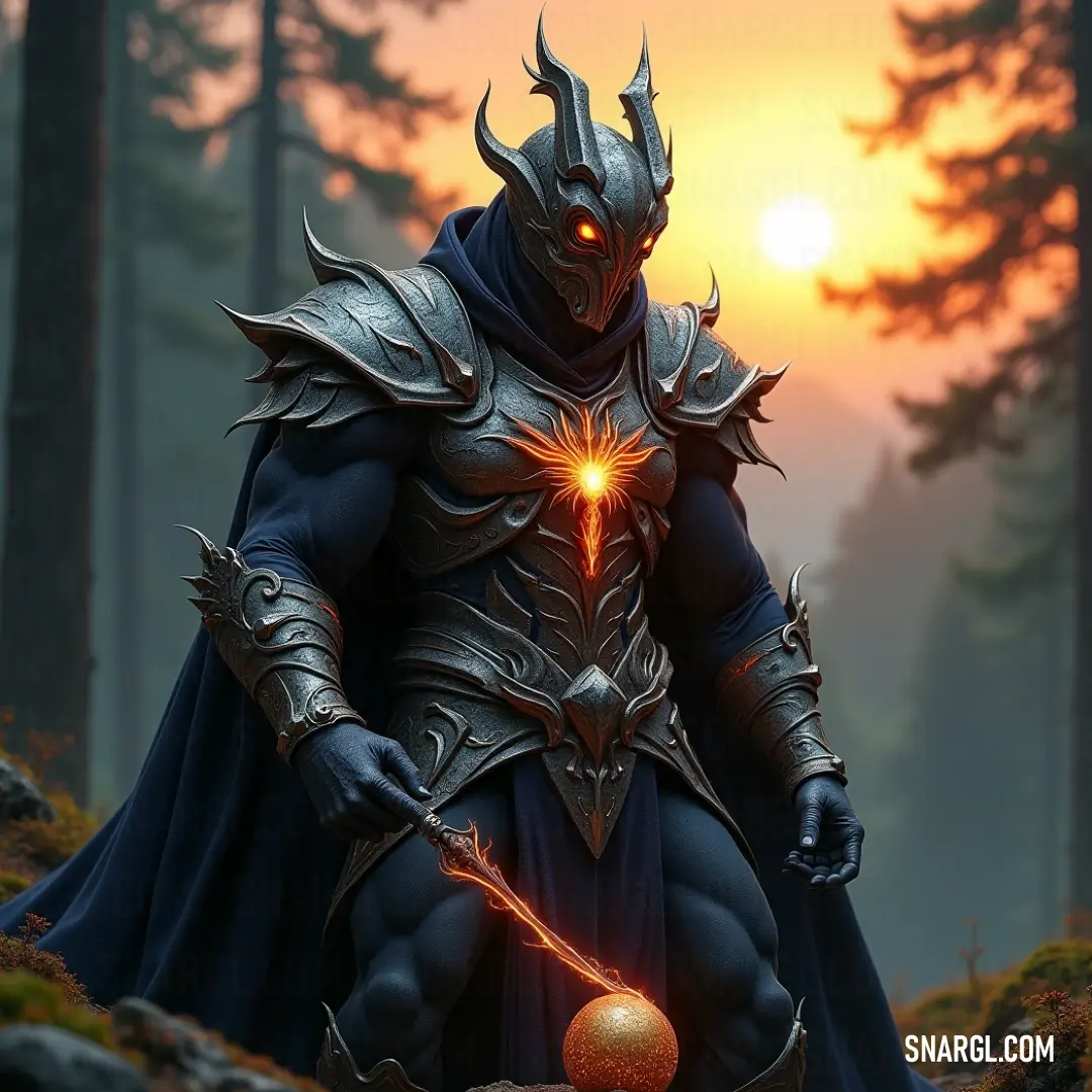 A mysterious figure clad in an elaborate costume stands amidst a dense forest at sunset, grasping a sword in one hand and a glowing orb in the other, casting enchanting shadows and illuminating the surroundings.