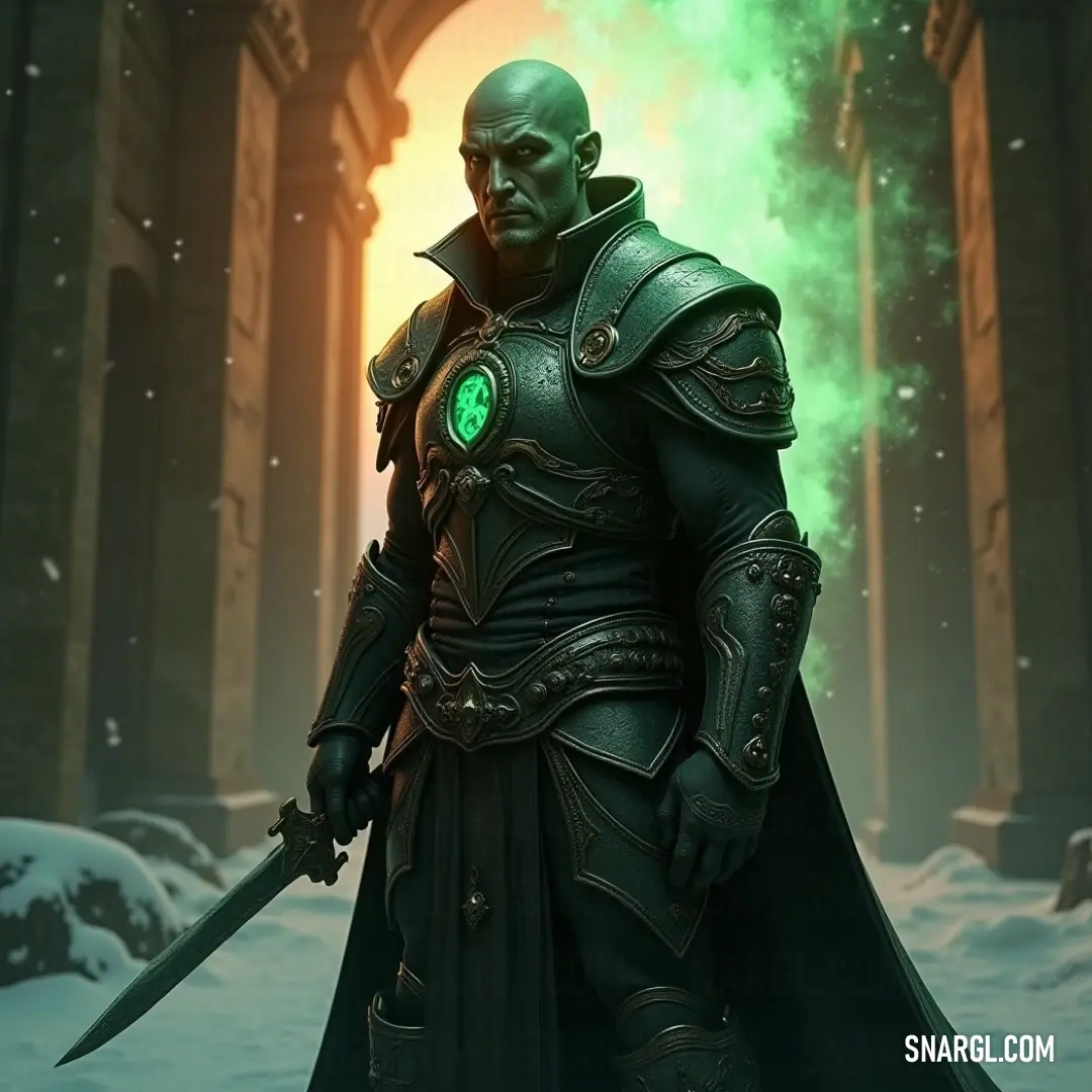 A brave adventurer dressed in a vivid green outfit stands resolutely in a snowy landscape, wielding a shimmering sword, while an otherworldly green light radiates from within, illuminating the crisp surroundings.