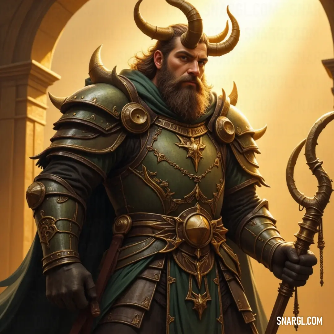 A fierce-looking figure in green, adorned with horns and a beard, confidently grasps a sword and staff, embodying the essence of a warrior ready for battles ahead, set against a mystical landscape that hints at adventure.