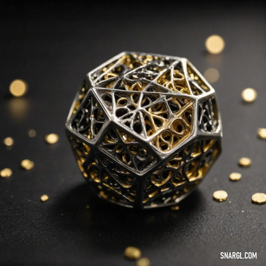 A metal object, surrounded by scattered gold coins, sits atop a sleek black surface, the contrast between the shiny coins and dark background adding to the object's allure.