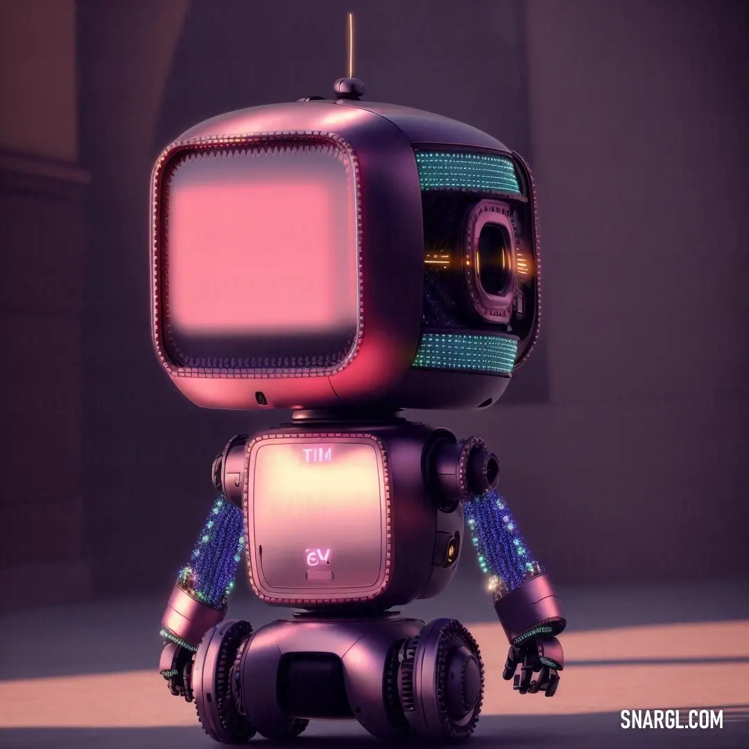 A futuristic robot with a sleek peach-orange finish, featuring a vintage TV screen as its head and a glowing light at its chest, creating a fascinating blend of technology and retro design.