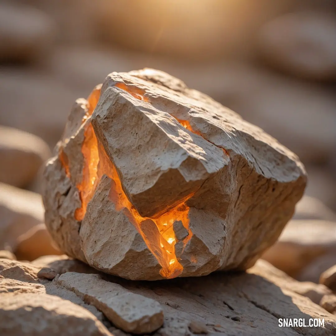 A glowing rock rests atop a larger stone, its soft illumination contrasting with the darker rock surface and the scattered stones in the background.