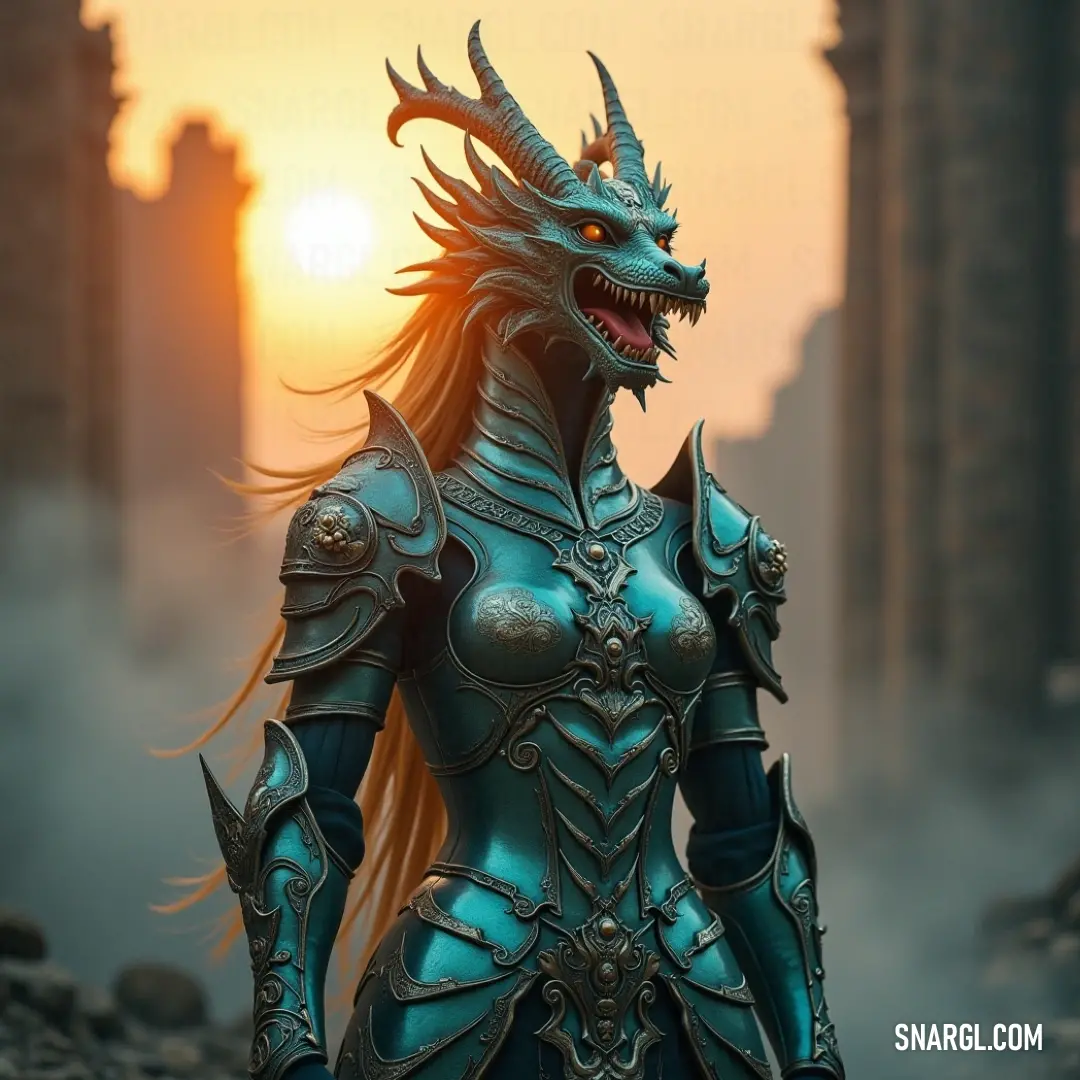 A fierce woman clad in vivid blue armor, adorned with a dragon motif, exudes power and elegance. The intricate details of her armor, combined with her striking dragon-themed design, capture the essence of strength and valor.