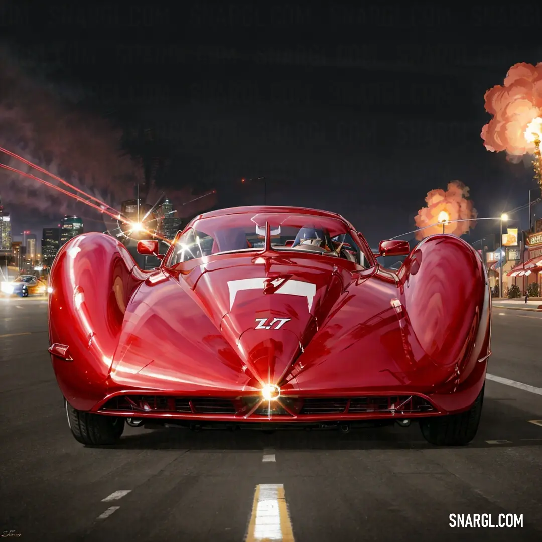 A red sports car speeds through a foggy city street at night, thick smoke billowing from its exhaust. The scene is illuminated by the car’s headlights and the glow of streetlights.