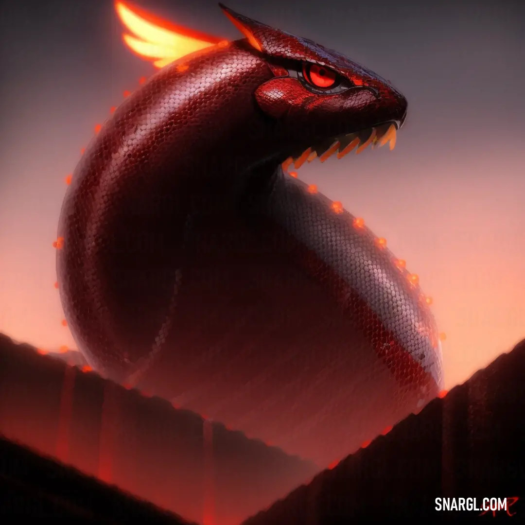 A fierce red dragon with glowing yellow eyes and a bright yellow tail stands on a rocky ledge, gazing over a vast landscape as the sun sets, casting an orange glow across the sky.