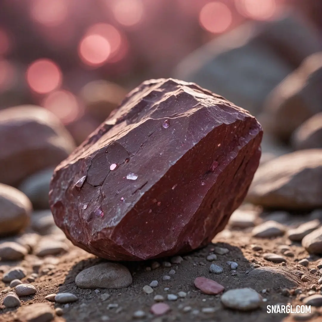 A pinkish rock with a striking substance on its surface lies on a rocky terrain, surrounded by smaller rocks and gravel, offering a natural yet vibrant display of color.