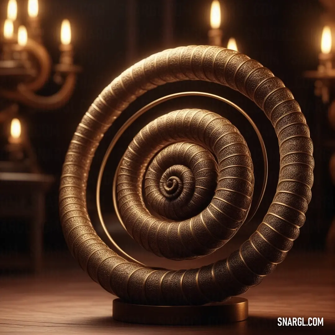 A spiral-shaped object with flickering candles in the background. The warm peach-orange tones of the scene add a mystical and inviting ambiance, enhancing the intricate design of the spiral.