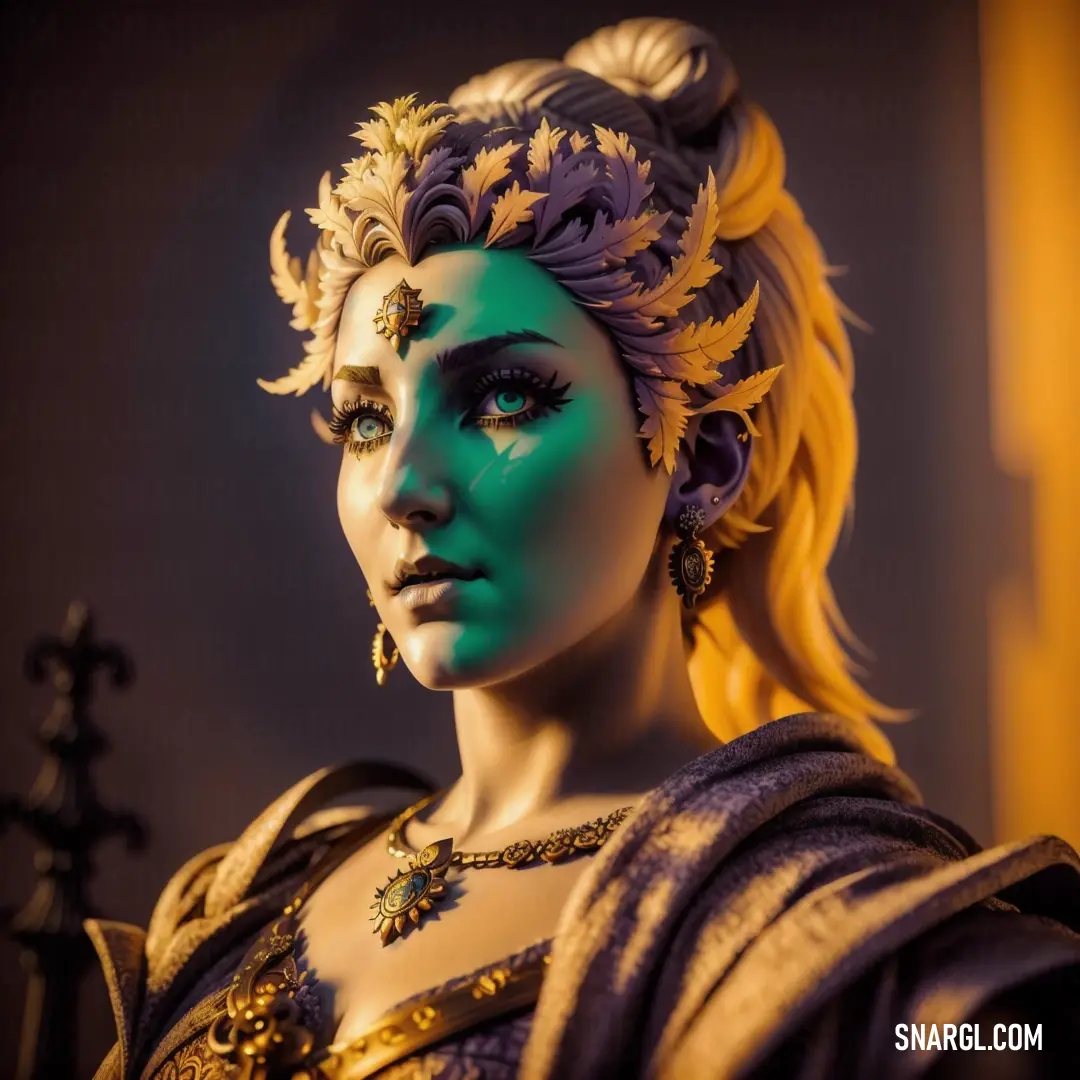 Statue of a woman with a green face and gold jewelry on her head and a blue face