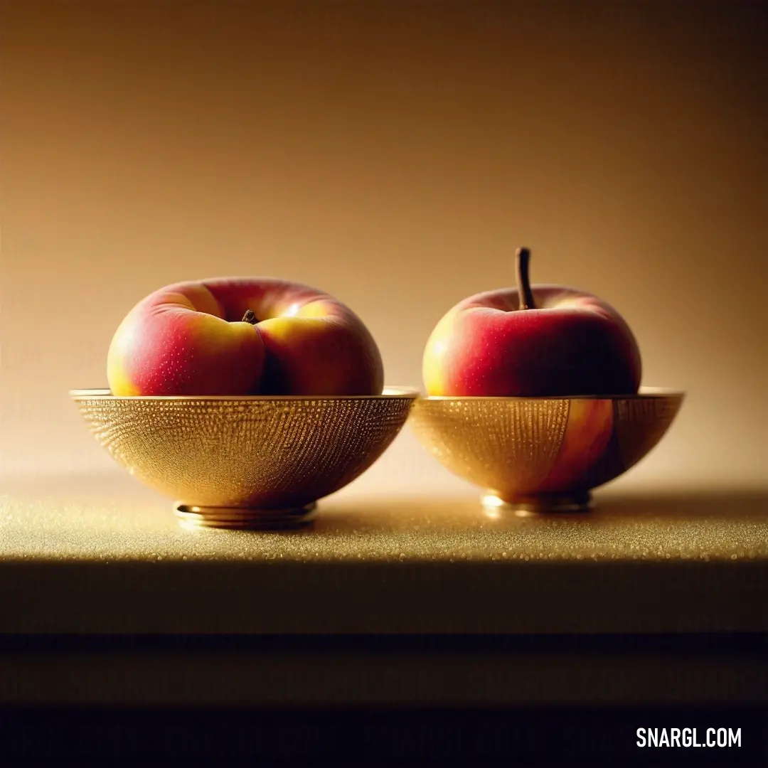 Two apples in a bowl on a table top with a brown background behind them