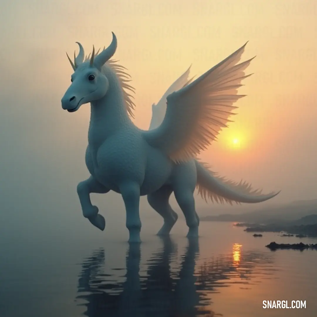 A stunning white-winged horse stands majestically on the shore, its silhouette illuminated by the radiant hues of a sunset. The ocean waves gently lap at its hooves, capturing a moment of serene beauty amidst the vibrant sky.