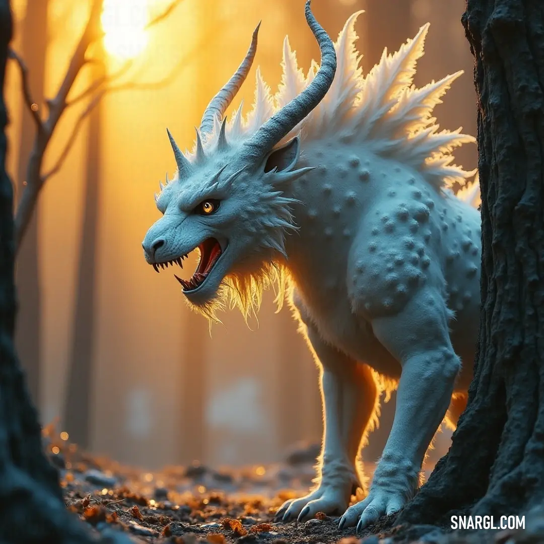 A majestic white creature with striking horns stands solemnly beside an ancient tree, bathed in the warm glow of a sunrise or sunset. Sunlight filters through the forest leaves, illuminating the enchanting scene imbued with serenity.