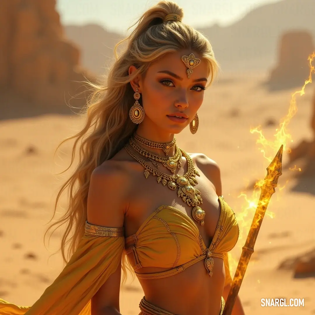 A brave woman in a stylish bikini stands fearless in the desert, wielding a sword while the sun shines down, the shimmering heat amplifying her determination against the vast and unforgiving landscape.