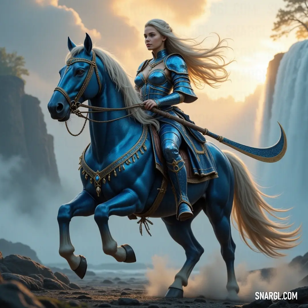 A courageous woman dressed in a bold blue ensemble rides elegantly atop a majestic horse, framed by the splendor of cascading waterfalls, as shimmering droplets catch the light, creating a sight of harmony between rider and nature.