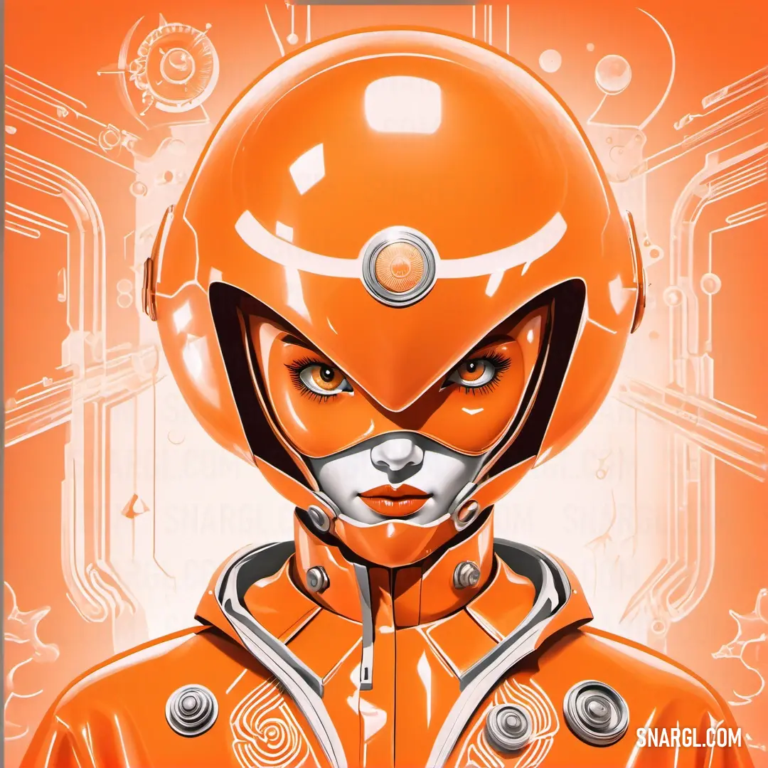 Woman in an orange suit with a futuristic helmet on her head and a futuristic background with circles