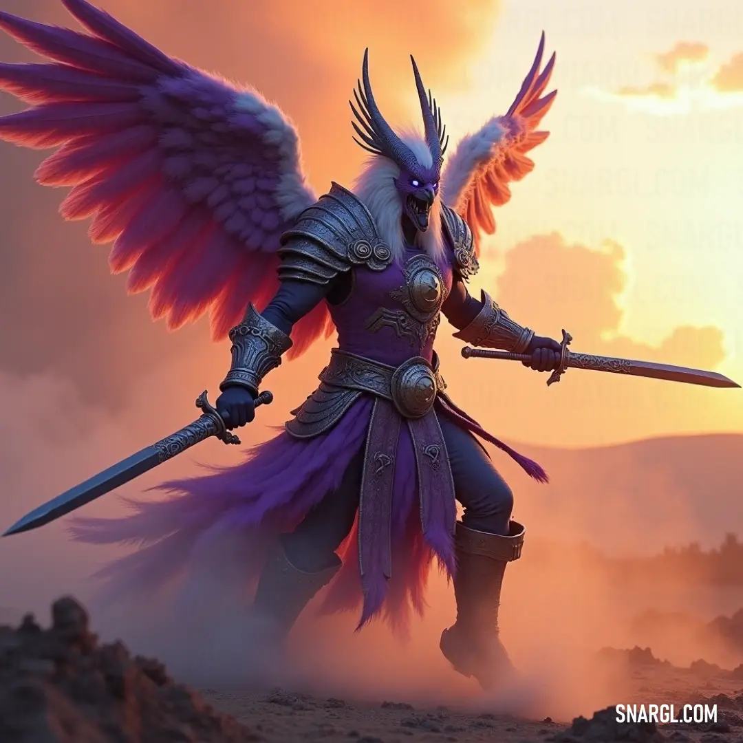 A spirited woman adorned with magnificent wings and a gleaming sword stands confidently in a sun-drenched desert, a majestic bird perched on her shoulder, embodying strength and grace with the fiery sunset illuminating her figure in warm tones.