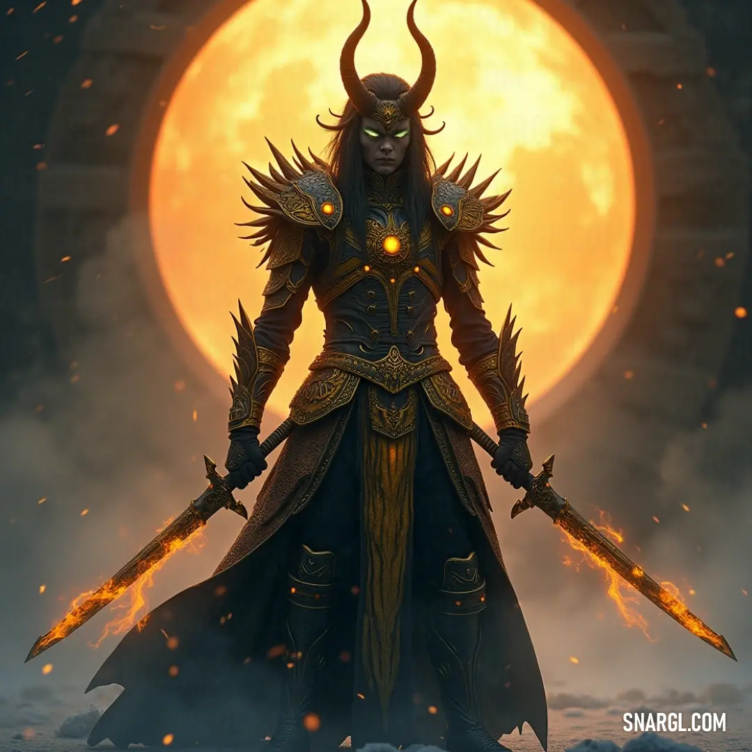 An alluring woman with graceful horns and a striking horned headdress stands defiantly, wielding twin swords against a breathtaking full moon, surrounded by ethereal flames that dance in the night sky, creating an intensity that evokes intrigue.