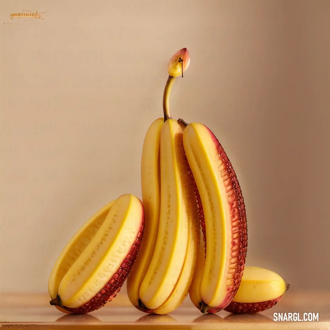 Bunch of bananas on top of a table next to each other on a table top with a brown background