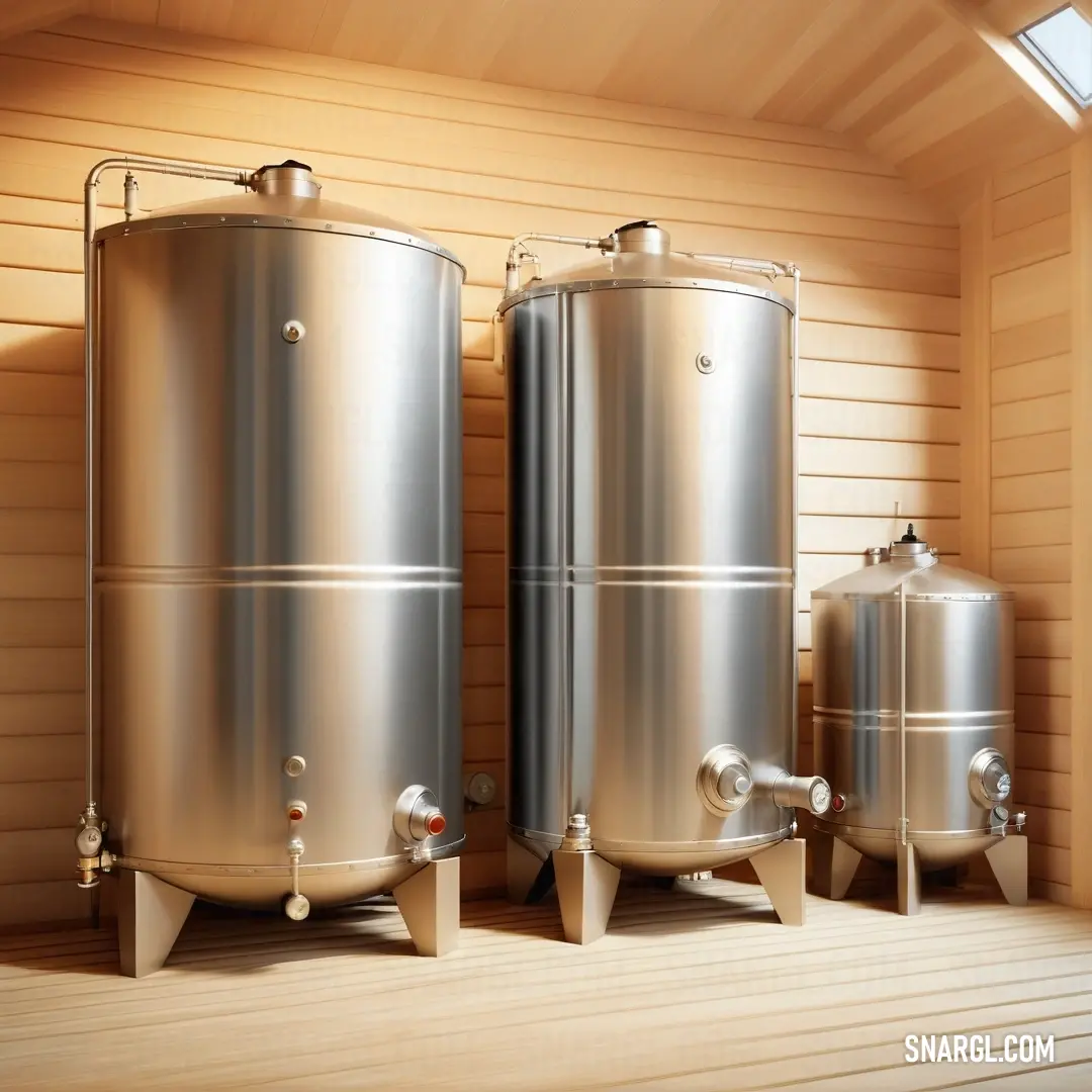 Couple of large metal tanks next to each other on a wooden floor in a room. Color CMYK 0,11,31,2.