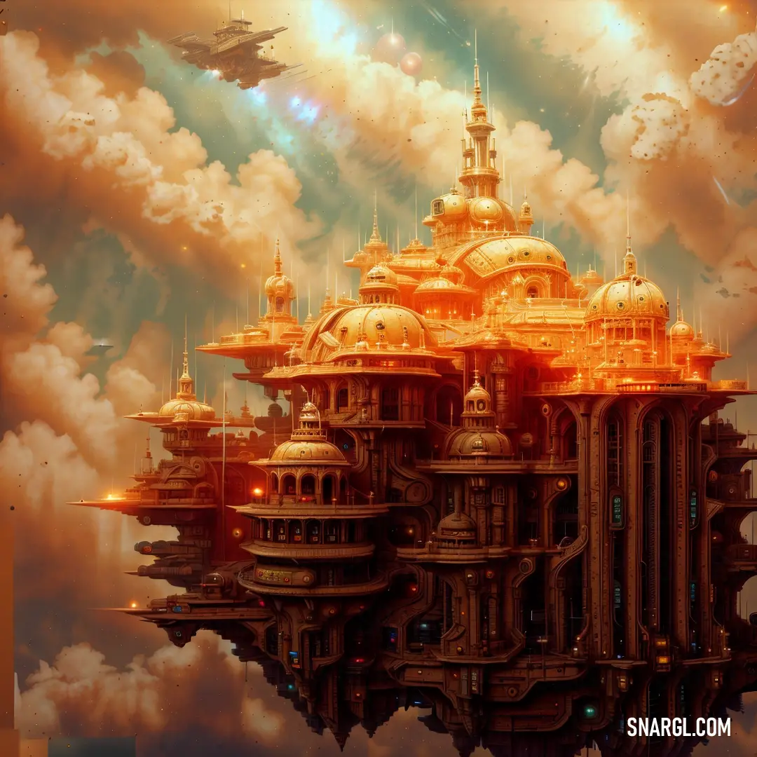Futuristic city with a lot of clouds in the sky and a plane flying over it in the sky