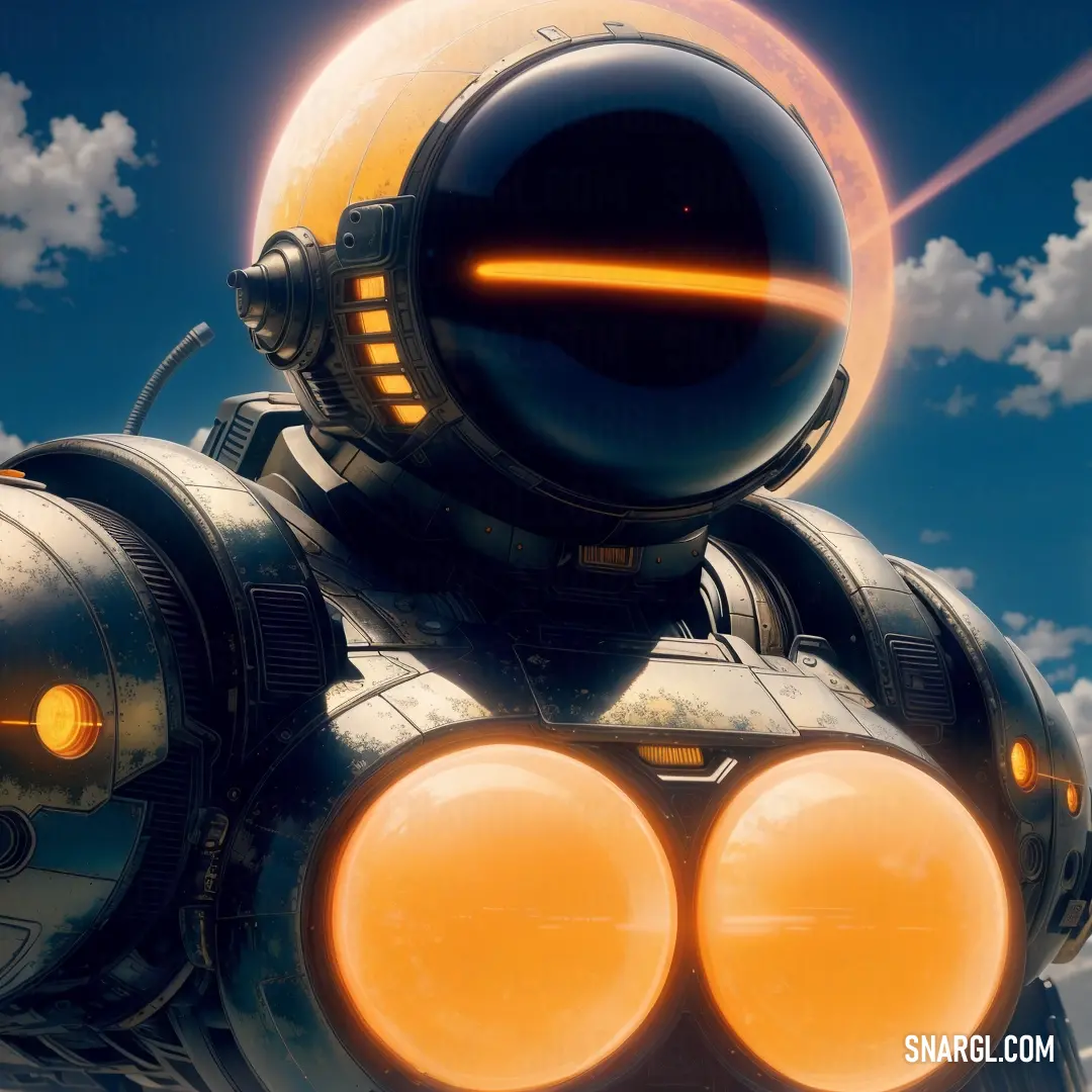 Futuristic looking robot with a yellow light on its face and a blue sky with clouds behind it