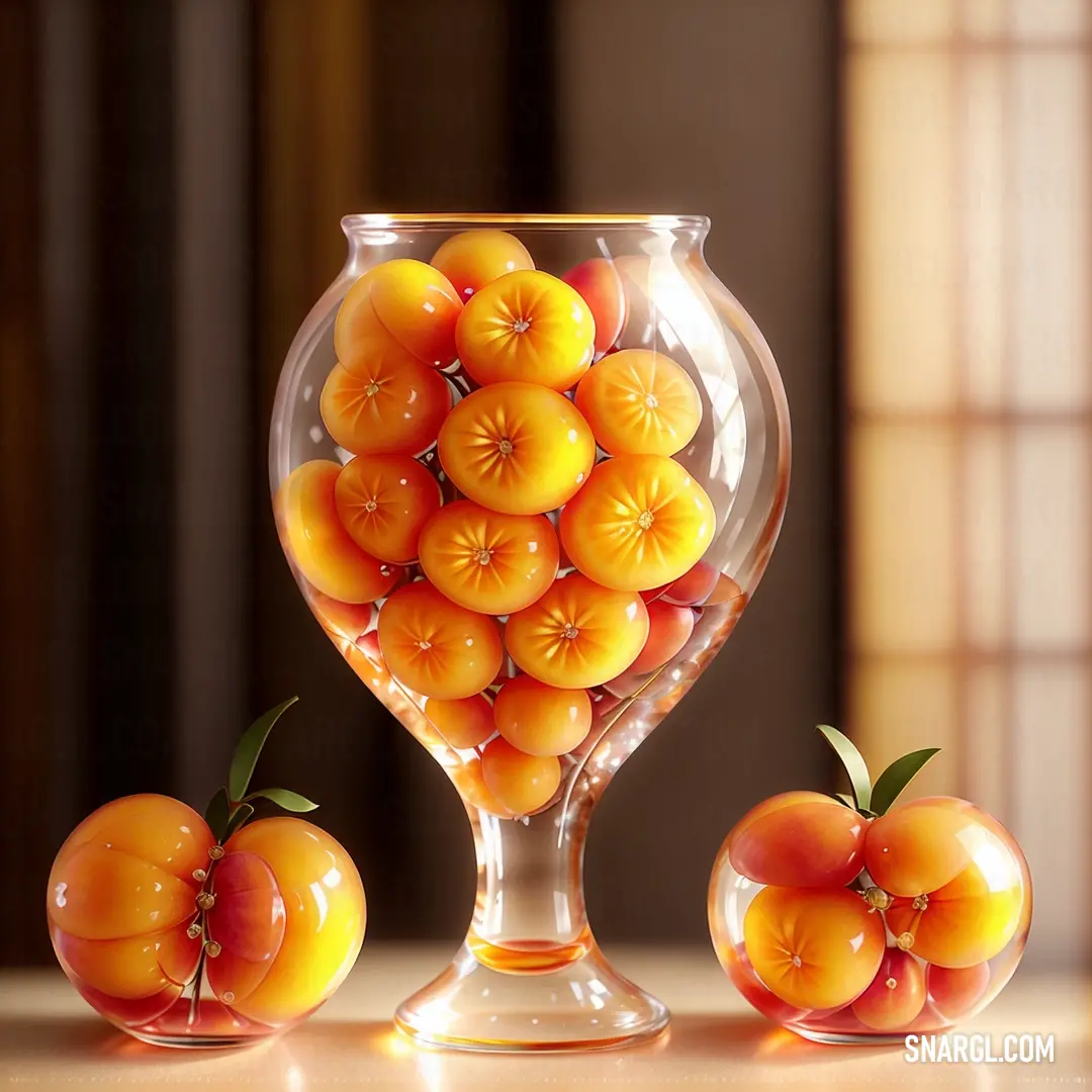 Glass vase filled with oranges on top of a table next to a couple of tomatoes on top of a table