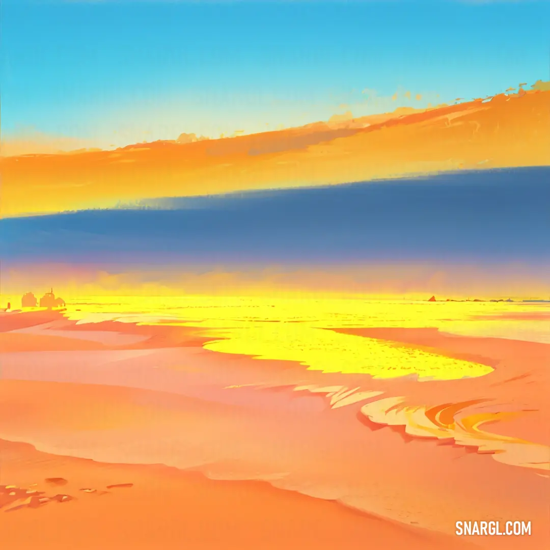 Painting of a beach with a sunset in the background and a blue sky with clouds above it and a yellow