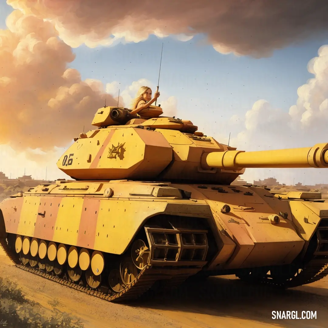 Painting of a woman on top of a tank in the desert with a sky background and clouds