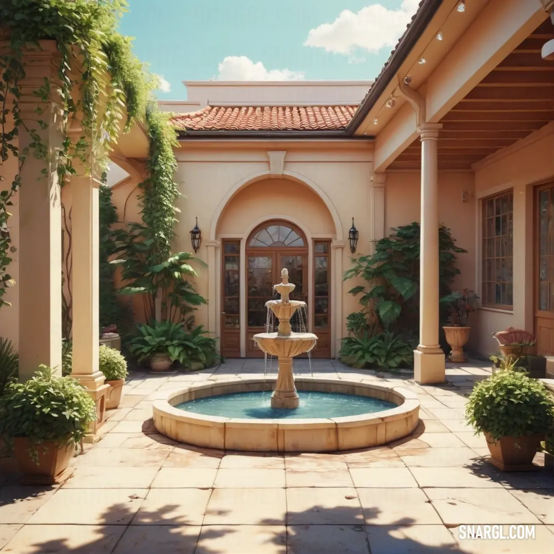 Peach-Yellow color example: Fountain in a courtyard with a sky background