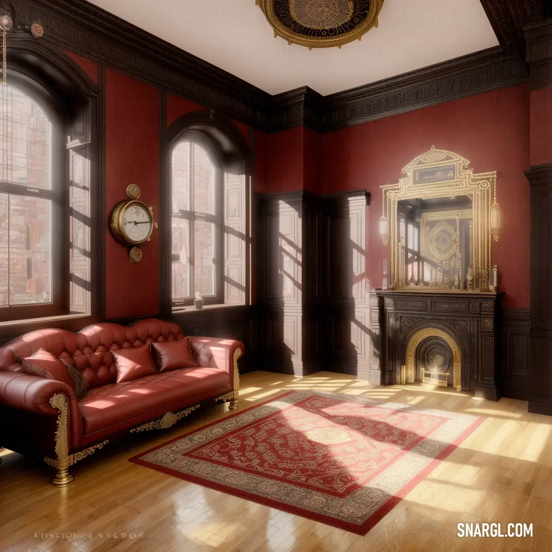 Peach-Yellow color example: Living room with a red couch and a red rug on the floor and a clock on the wall
