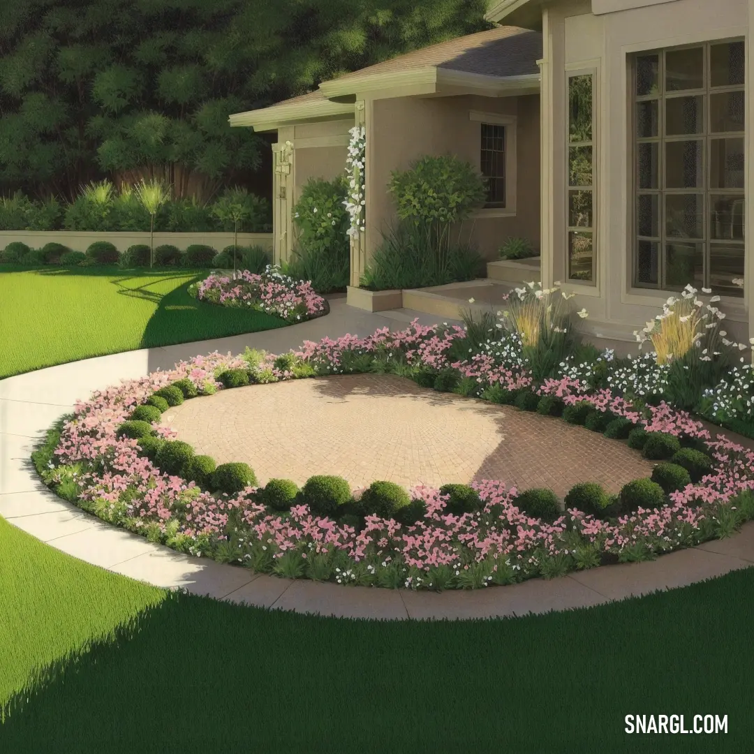 Painting of a house with a circular garden in the front yard. Color RGB 250,223,173.