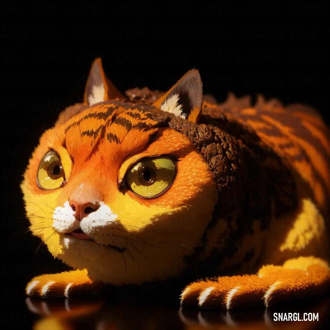 Stuffed animal that looks like a tiger is laying down on a table with its eyes open and a black background