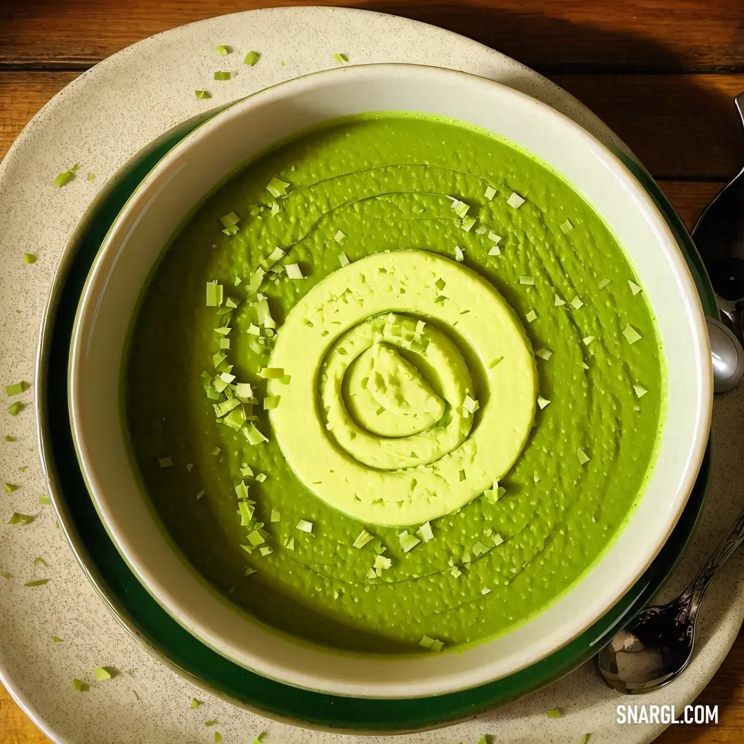 Bowl of green soup with a spoon and spoon on a plate with a spoon in it