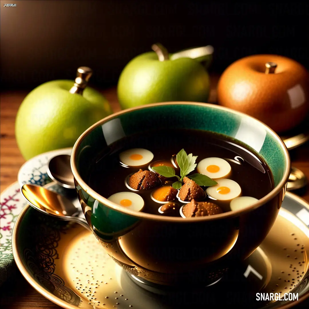 Pear color example: Bowl of soup with apples and other food items on a table top with a spoon and spoon rest on the plate