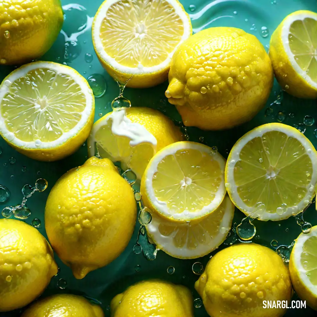 A serene scene of fresh lemons nestled in a gentle pool of water, their surface adorned with glistening bubbles, creating an exquisite display that embodies freshness and vitality.