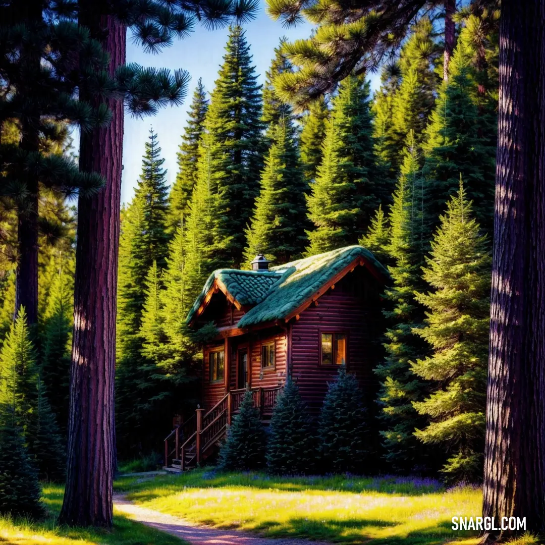 Cabin in the woods with a green roof and a pathway leading to it and trees surrounding it. Color #D1E231.