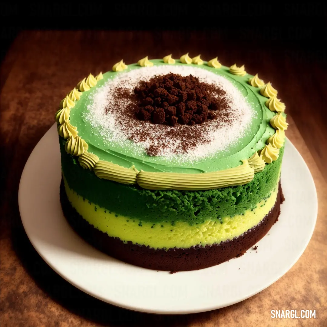 Pear color. Cake with green and yellow frosting on a plate on a table with a brown and white border