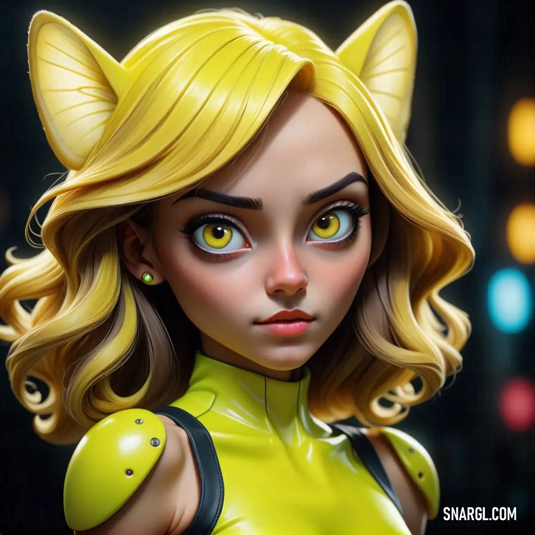 Cartoon character with a cat ears and yellow dress on her chest and a black background. Example of CMYK 8,0,78,11 color.