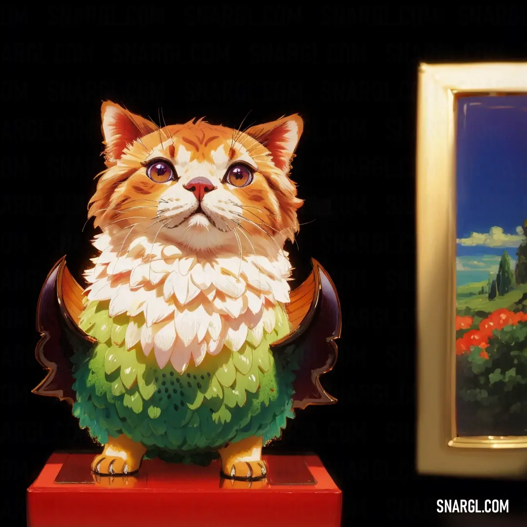 Cat figurine on a red box next to a painting of a cat with a green and yellow coat