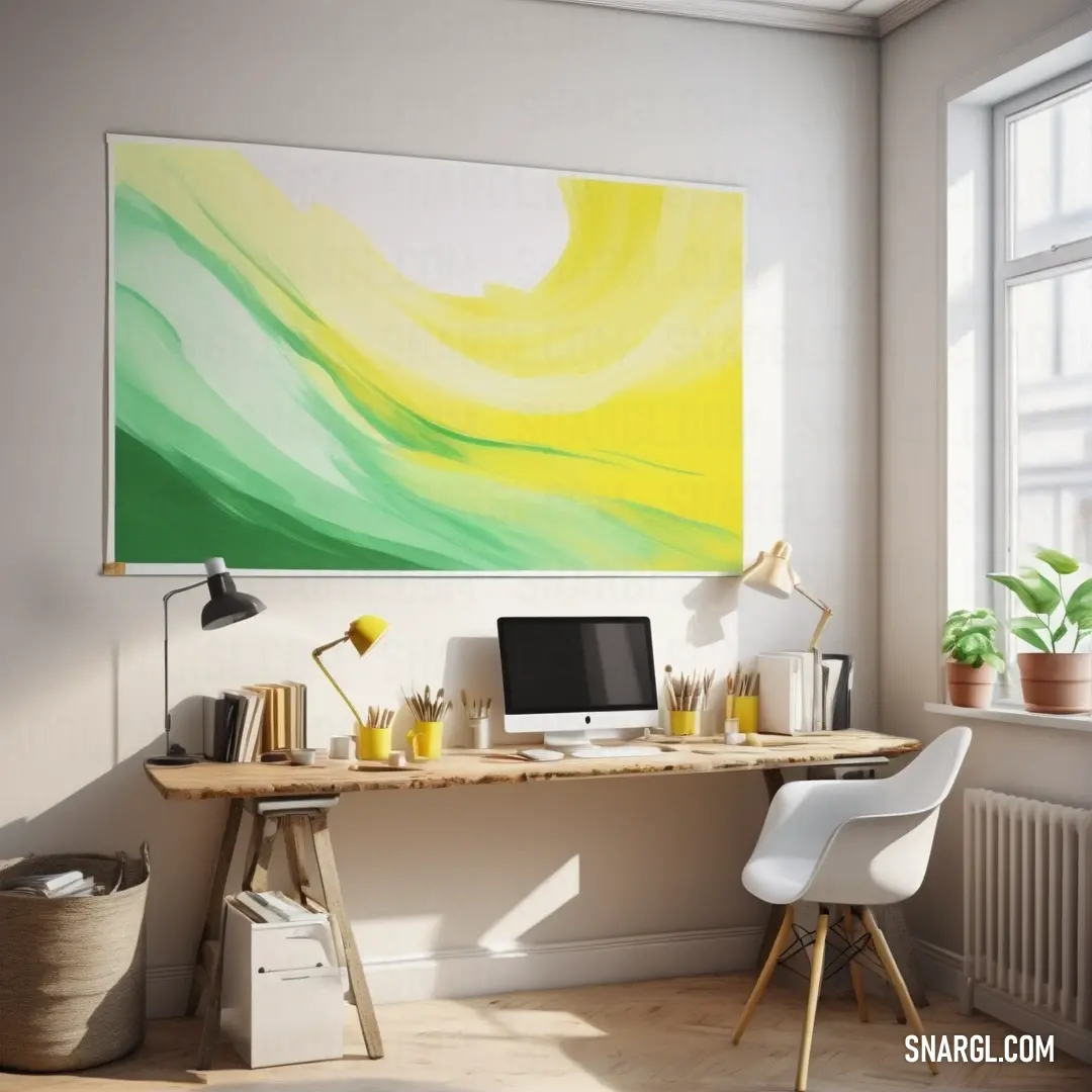 Desk with a computer and a chair in a room with a large painting on the wall above it. Example of #D1E231 color.