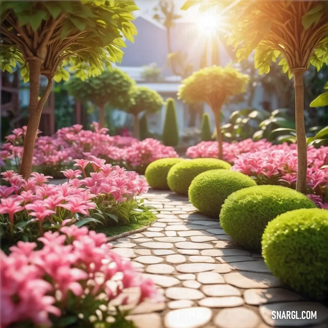 Garden with pink flowers and green trees and a brick path with a stone walkway between them and a row of trees and bushes